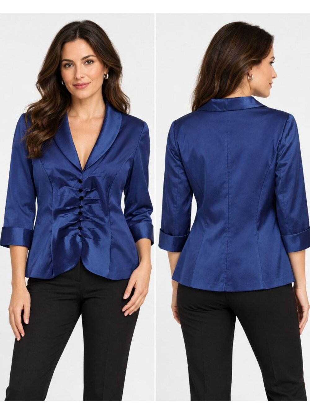 Alex Evenings Petite Satin Blouse Ruched Front 3/4 Sleeves Royal Blue P.Large